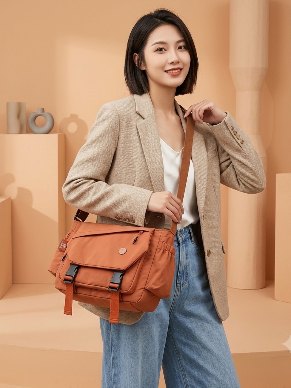 Women's Rust Orange Crossbody Messenger Bag with Adjustable Strap